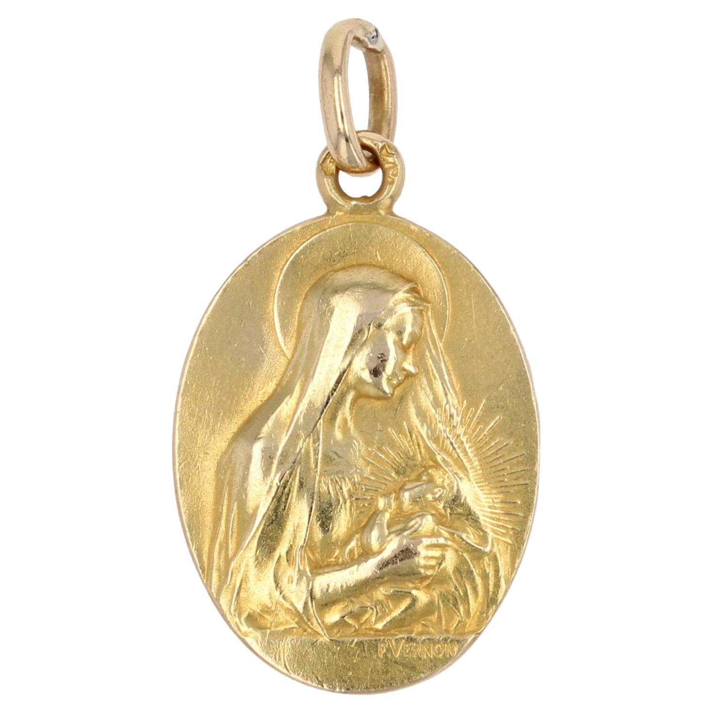French Vernon Signed 18 Karat Yellow Gold Virgin and Child Medal