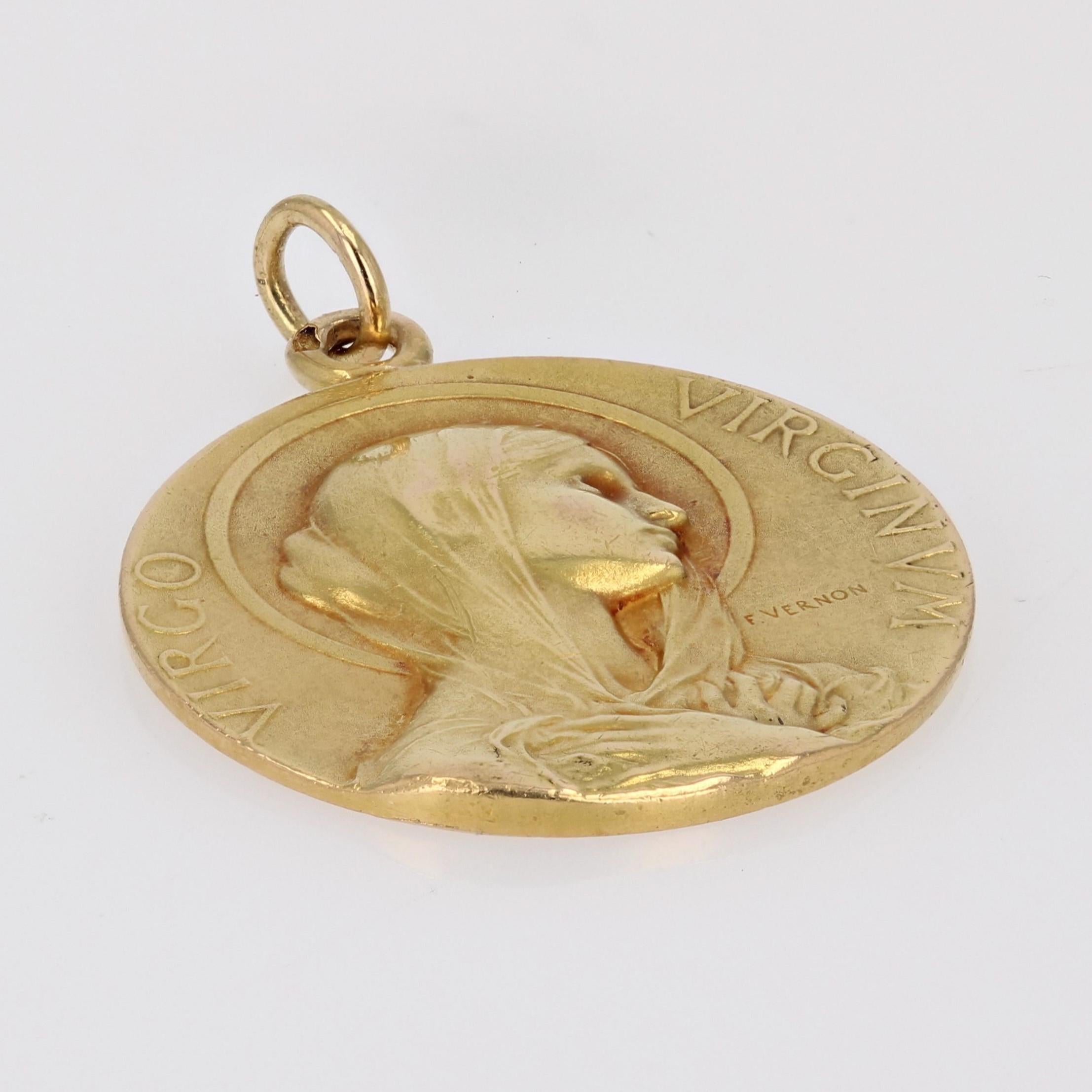 Belle Époque French Vernon Signed 18 Karat Yellow Gold Virgin Medal For Sale