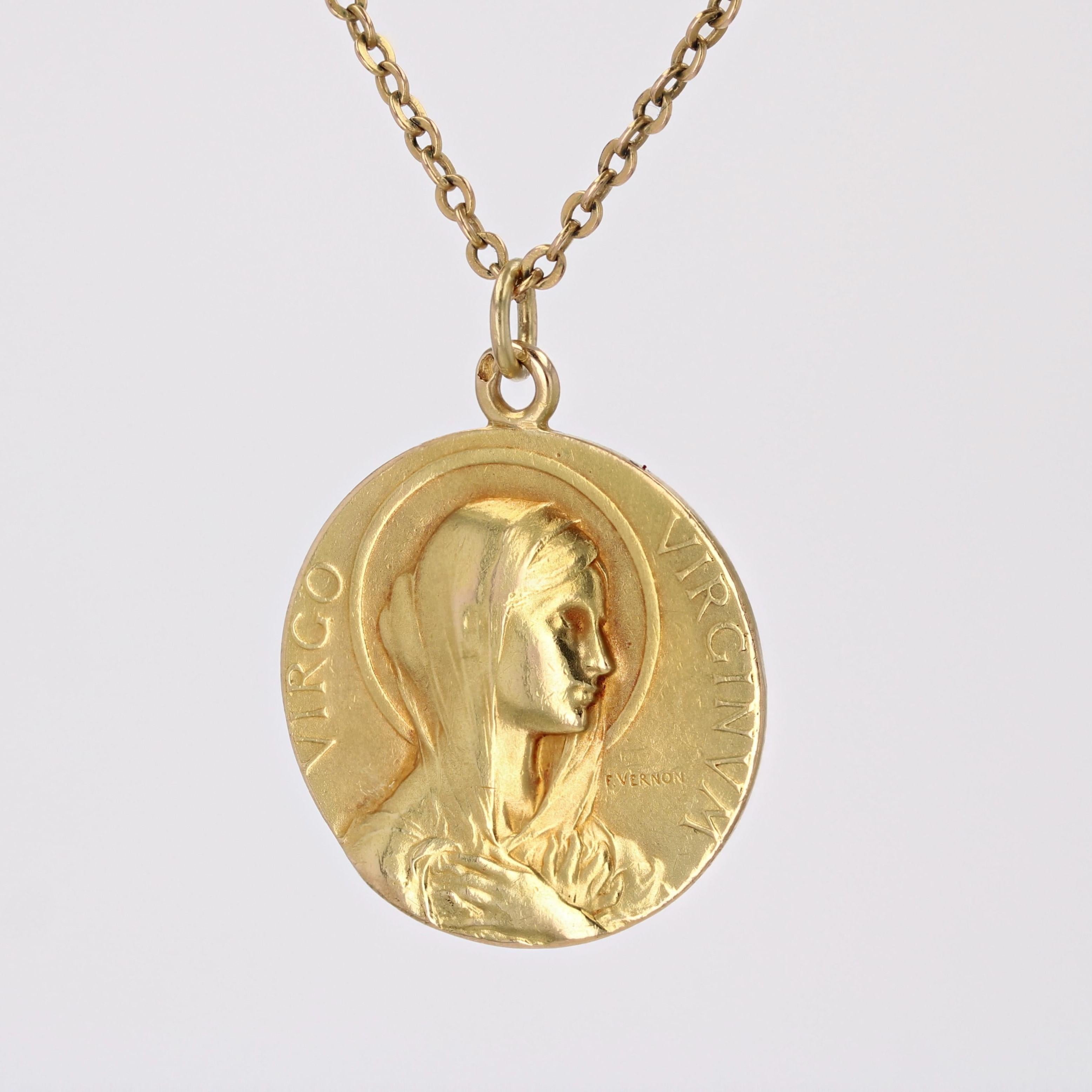 Women's or Men's French Vernon Signed 18 Karat Yellow Gold Virgin Medal For Sale