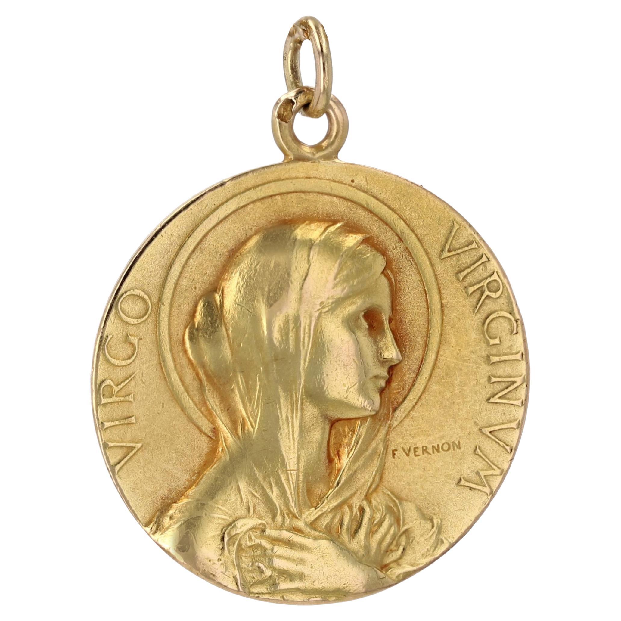 French Vernon Signed 18 Karat Yellow Gold Virgin Medal For Sale