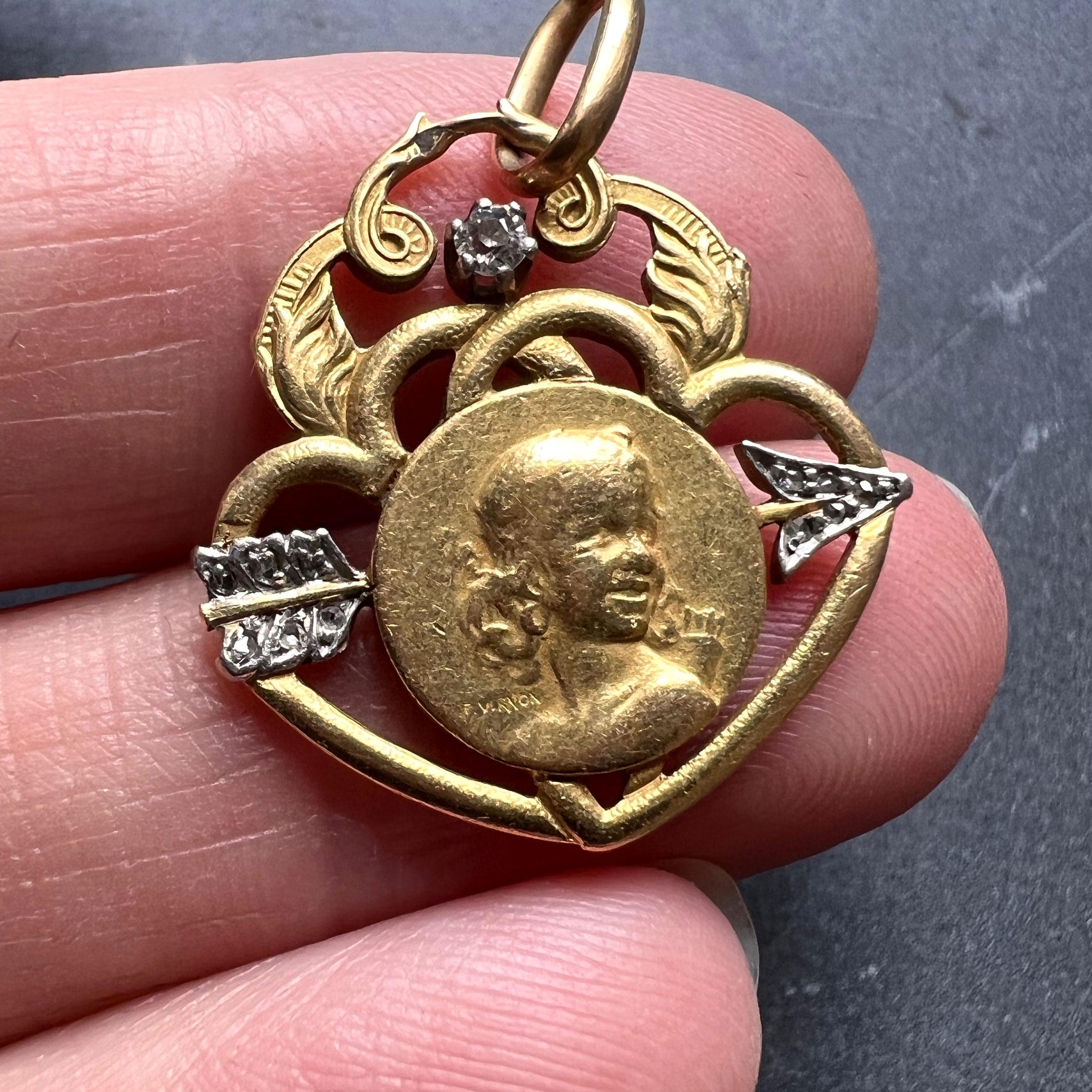 Old Mine Cut French Vernon Triumph of Love Cupid 18K Yellow Gold Diamond Love Pendant For Sale