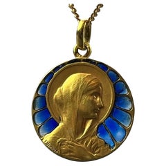 French Vernon Virgin Mary Plique A Jour Enamel 18K Yellow Gold Charm Pendant
