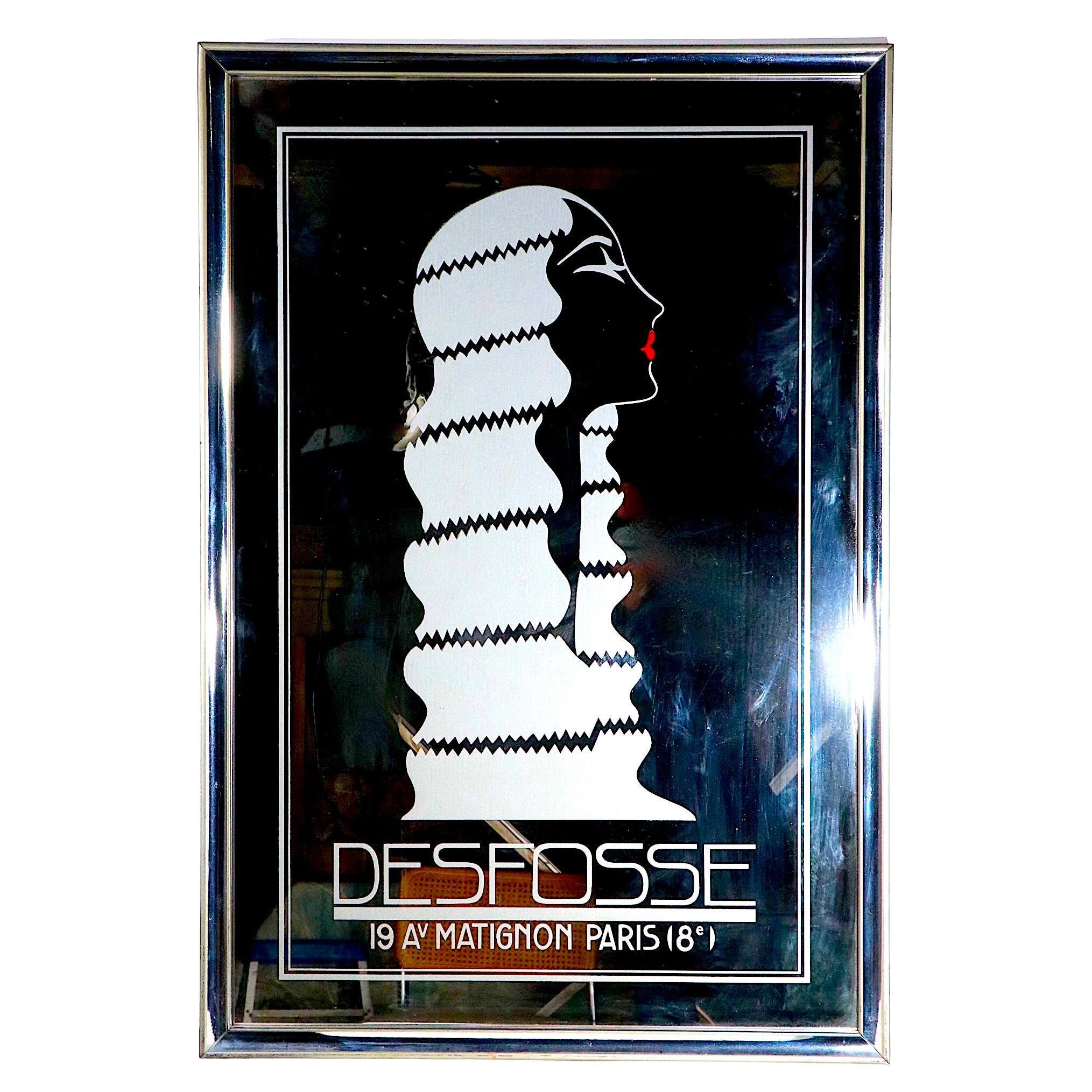 Hard to find decorated mirror with a stylish 1920's style woman in profile, advertising the world famous Desfosse Hair Salon in Paris, France. This example is in very good, original condition, clean and ready to display, showing only light cosmetic