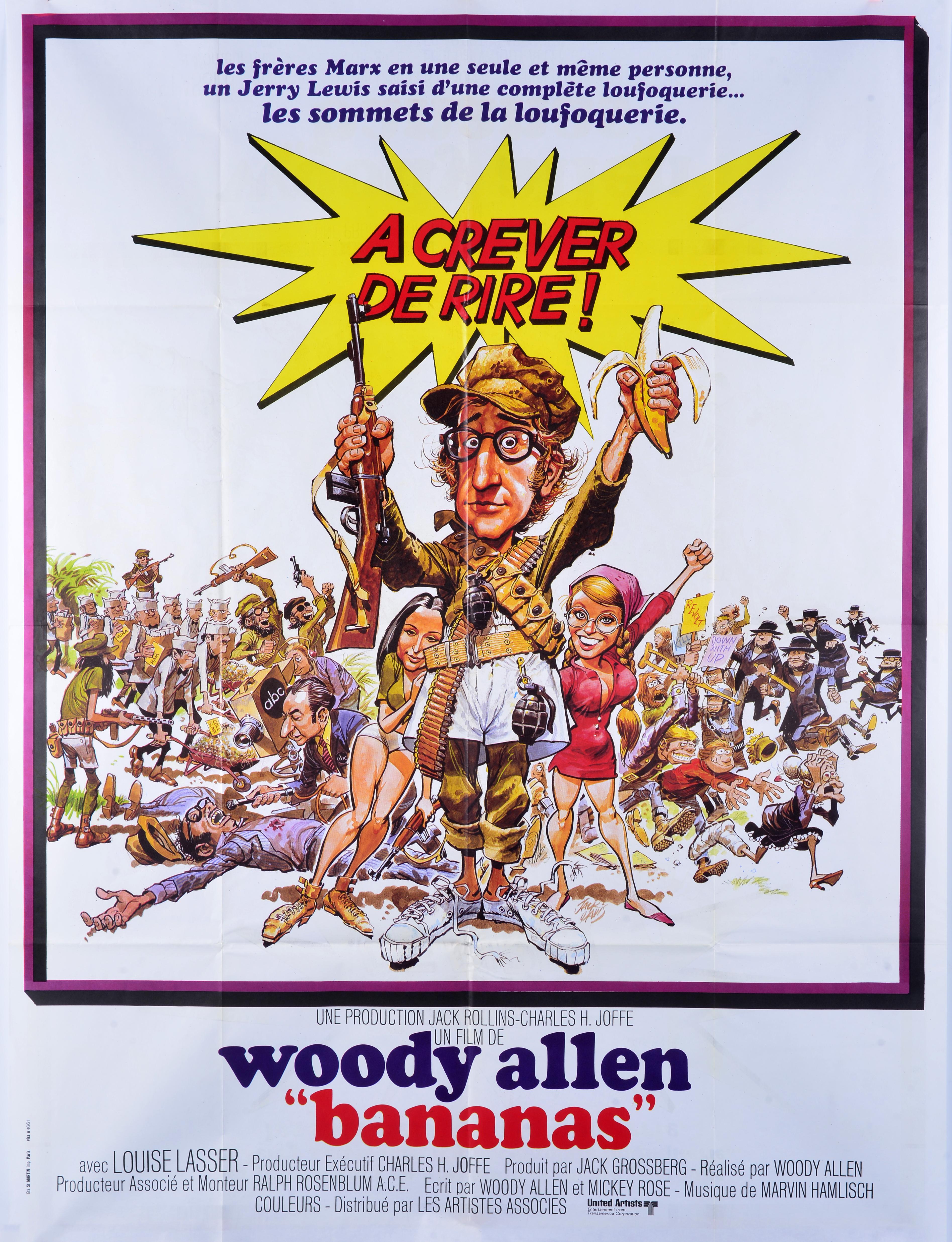 French version of the poster for Woody Allen's 1971 film Bananas.
Third film by the American actor-director, who is pictured in the centre. The poster is folded and in good condition. It can be canvas-backed if required. Can be sent by post for a