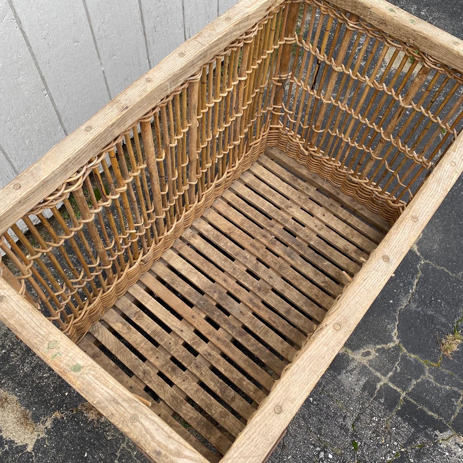 Wonderfully large, gorgeous, sturdy, fresh-from-a-French-bakery (in 1900) cart. A substantial steel frame and wicker/rattan multipurpose cart from a French bakery  - or can also be a laundry bin on wheels, or a phenomenal wood storage or firewood