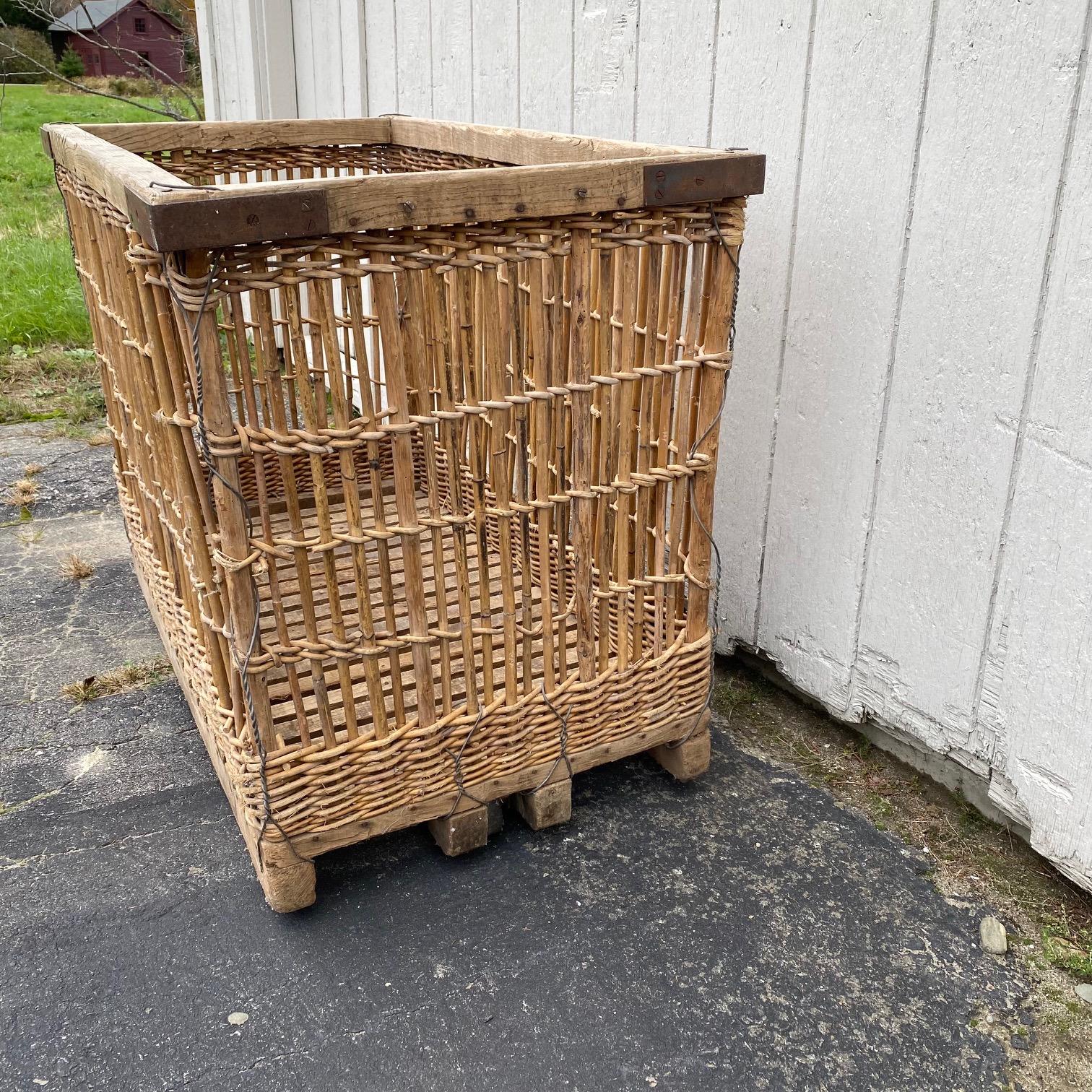 Organic Modern  French Very Large Boulangerie or Bakery Industrial Woven Cart Basket on Wheels