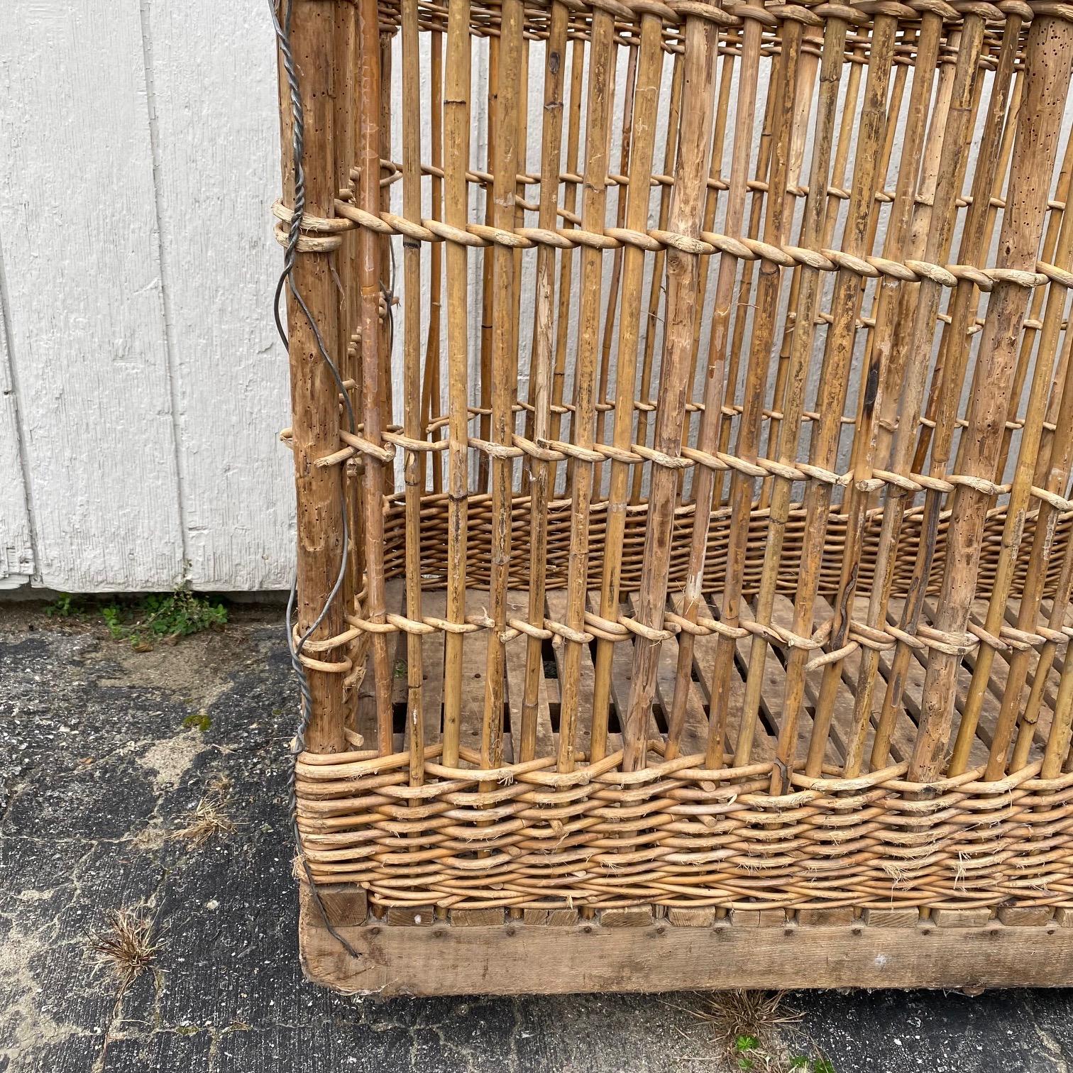 Early 20th Century  French Very Large Boulangerie or Bakery Industrial Woven Cart Basket on Wheels