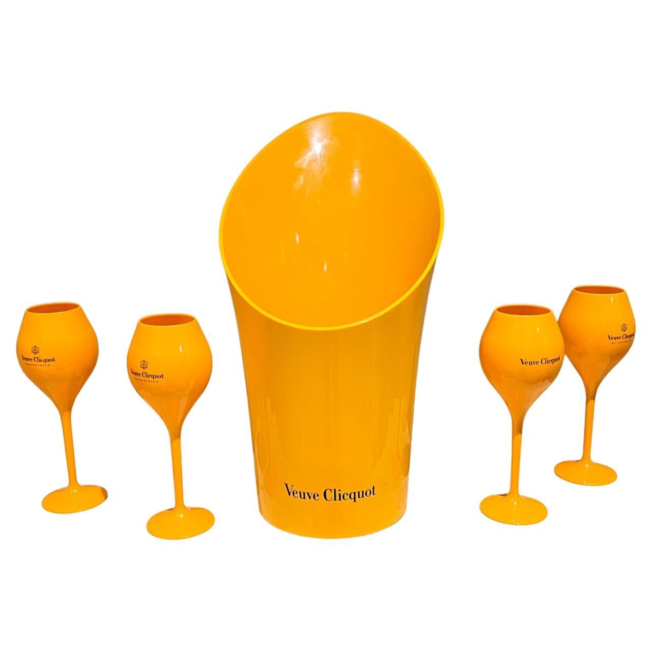 French Veuve Clicquot Orange Champagne Ice Bucket Four Glass Set