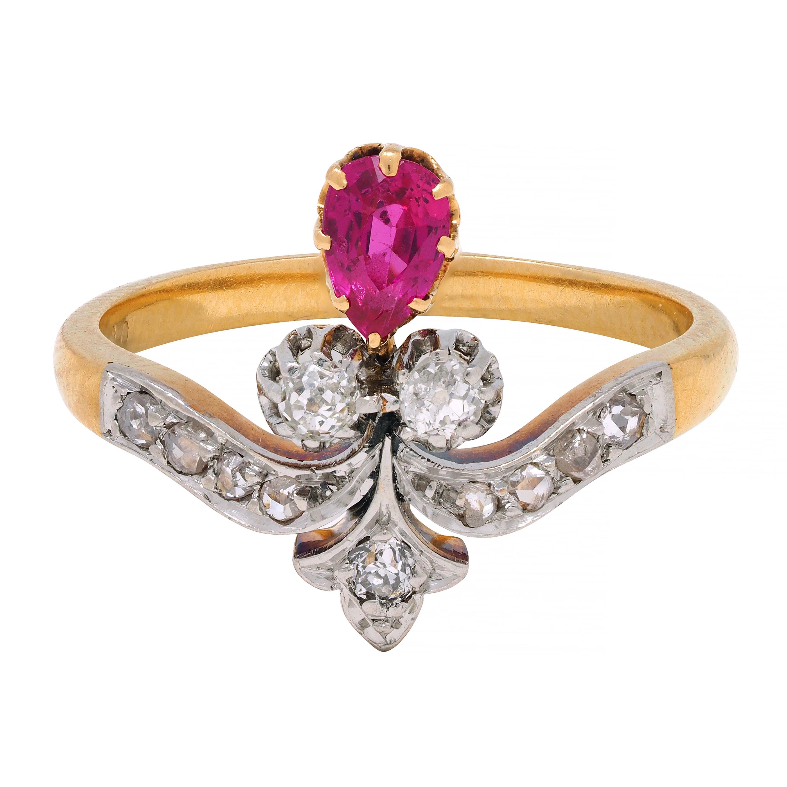 French Victorian 0.65 Ruby Diamond Platinum 18 Karat Gold Fleur-De-Lis Ring 6