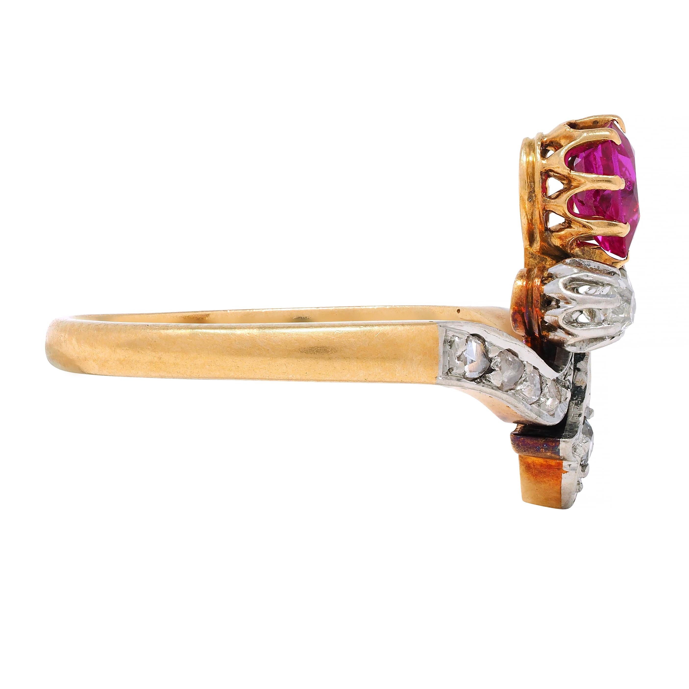 Pear Cut French Victorian 0.65 Ruby Diamond Platinum 18 Karat Gold Fleur-De-Lis Ring