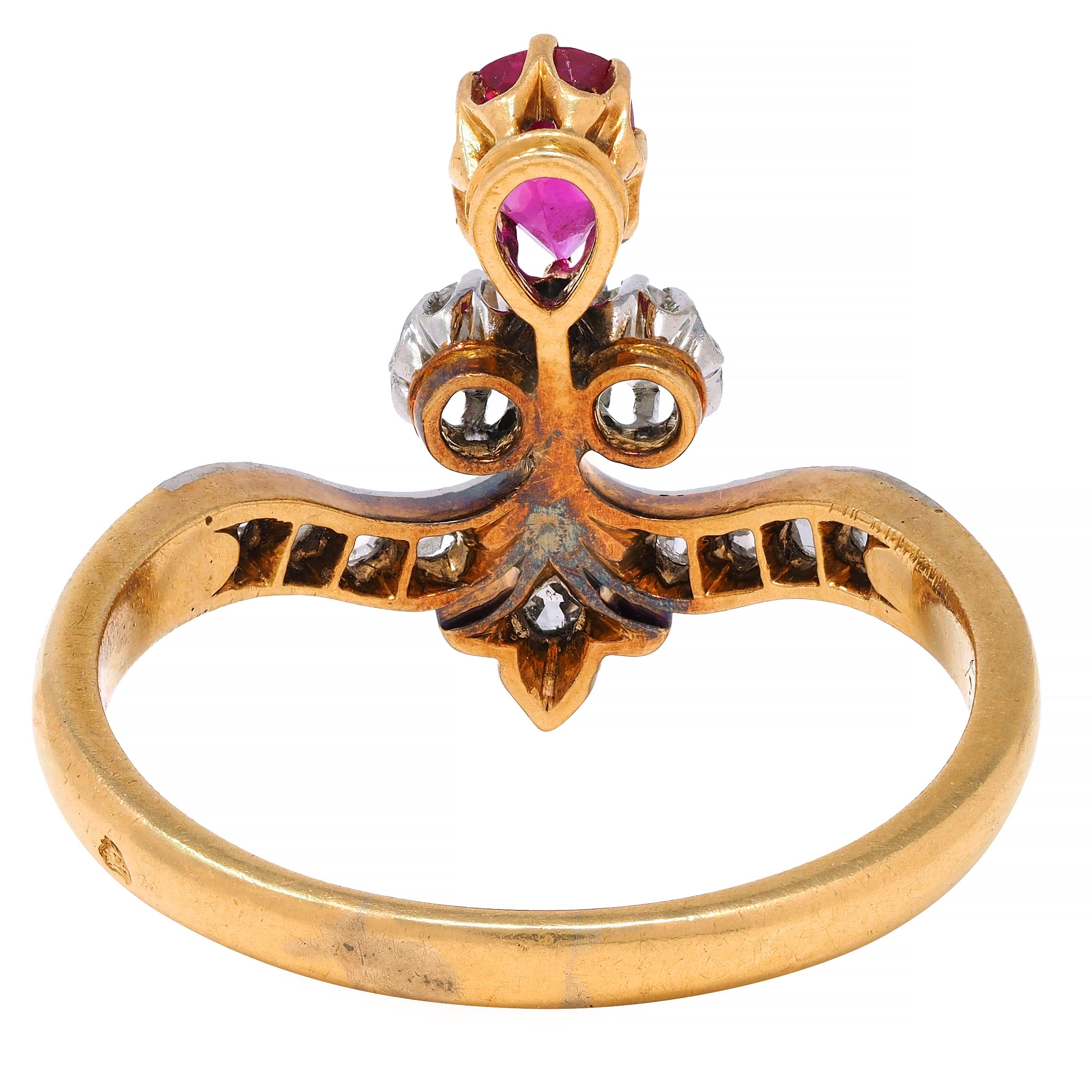 French Victorian 0.65 Ruby Diamond Platinum 18 Karat Gold Fleur-De-Lis Ring In Excellent Condition In Philadelphia, PA