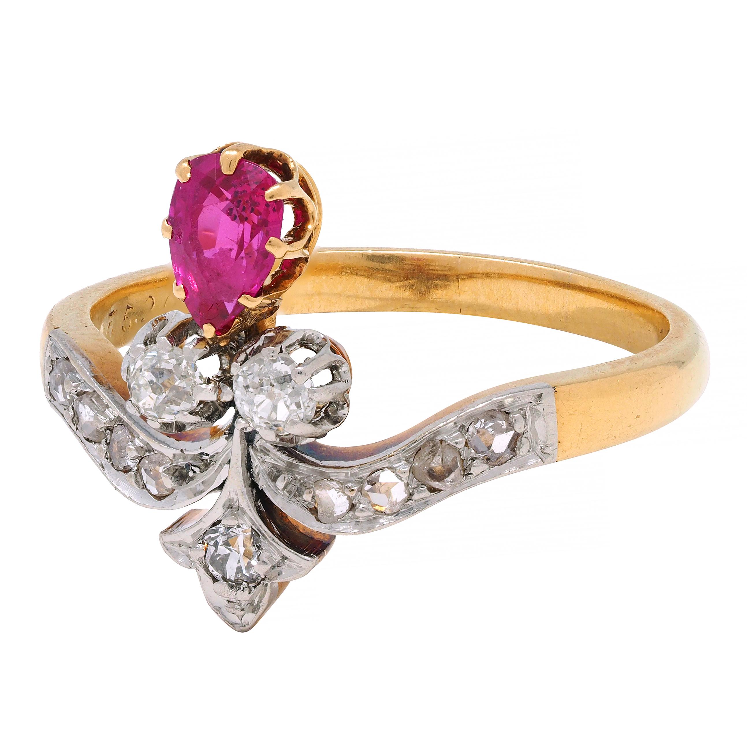 French Victorian 0.65 Ruby Diamond Platinum 18 Karat Gold Fleur-De-Lis Ring 1