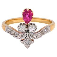 French Victorian 0.65 Ruby Diamond Platinum 18 Karat Gold Fleur-De-Lis Ring