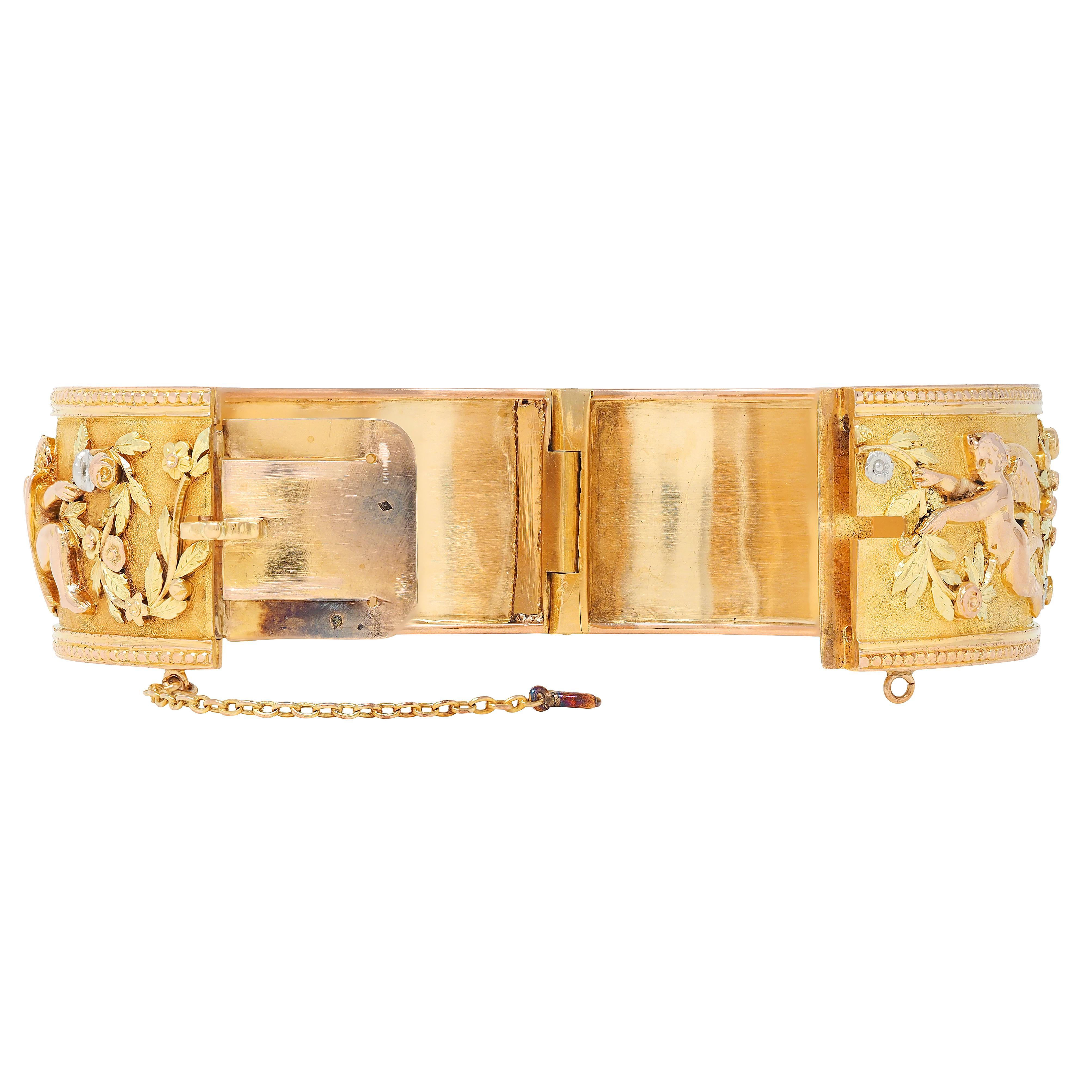 Pulsera Victoriana Francesa de Oro Multitono de 18 Kilates con Querubín Floral Antiguo en venta 2