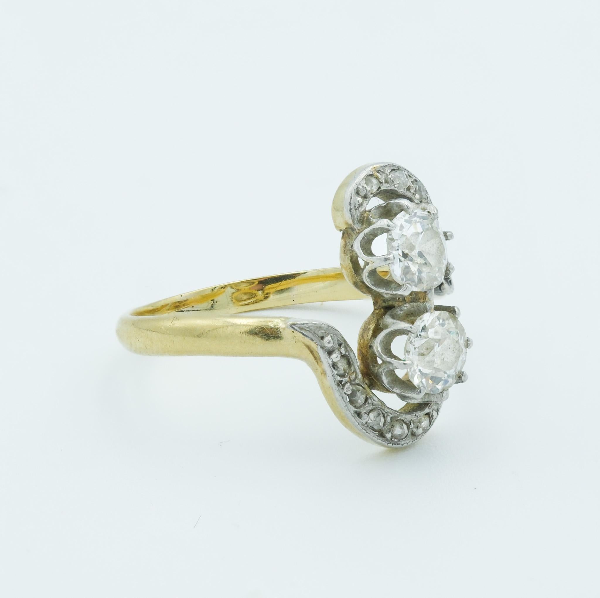 Women's or Men's French Victorian 18 Karat Toi Et Moi Bypass Diamond Ring For Sale