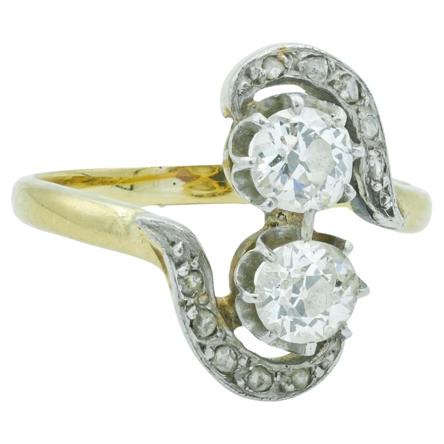 French Victorian Toi Et Moi Bypass Diamond Ring in 18 Karat Gold