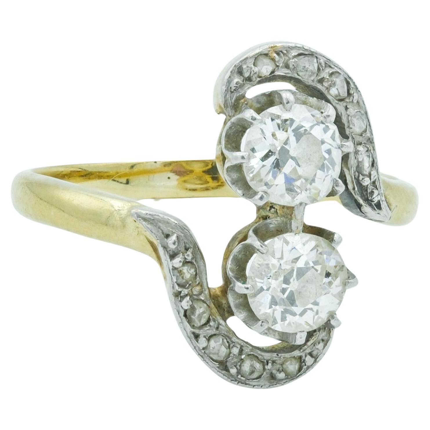 French Victorian 18 Karat Toi Et Moi Bypass Diamond Ring For Sale