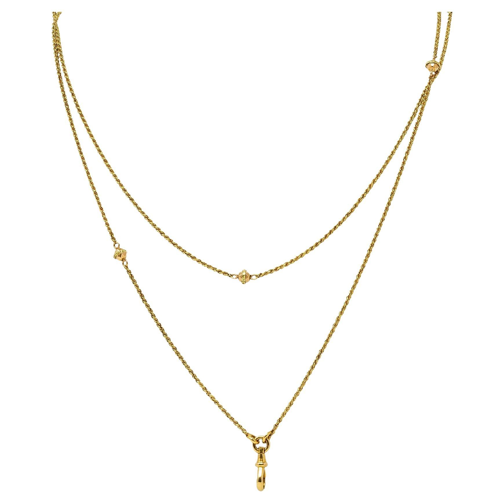 Victorian Enamel 10 Karat Gold Barrel Clasp Long Chain Necklace at 1stDibs