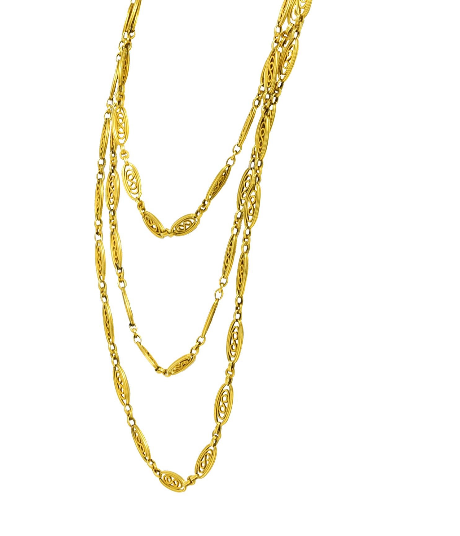 French Victorian 18 Karat Yellow Gold 65 Inch Long Chain Antique Lariat Necklace In Excellent Condition In Philadelphia, PA