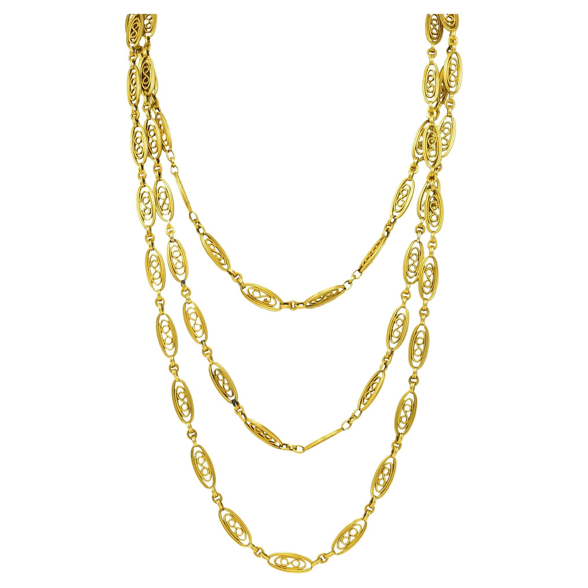 French Victorian 18 Karat Yellow Gold 65 Inch Long Chain Antique Lariat Necklace