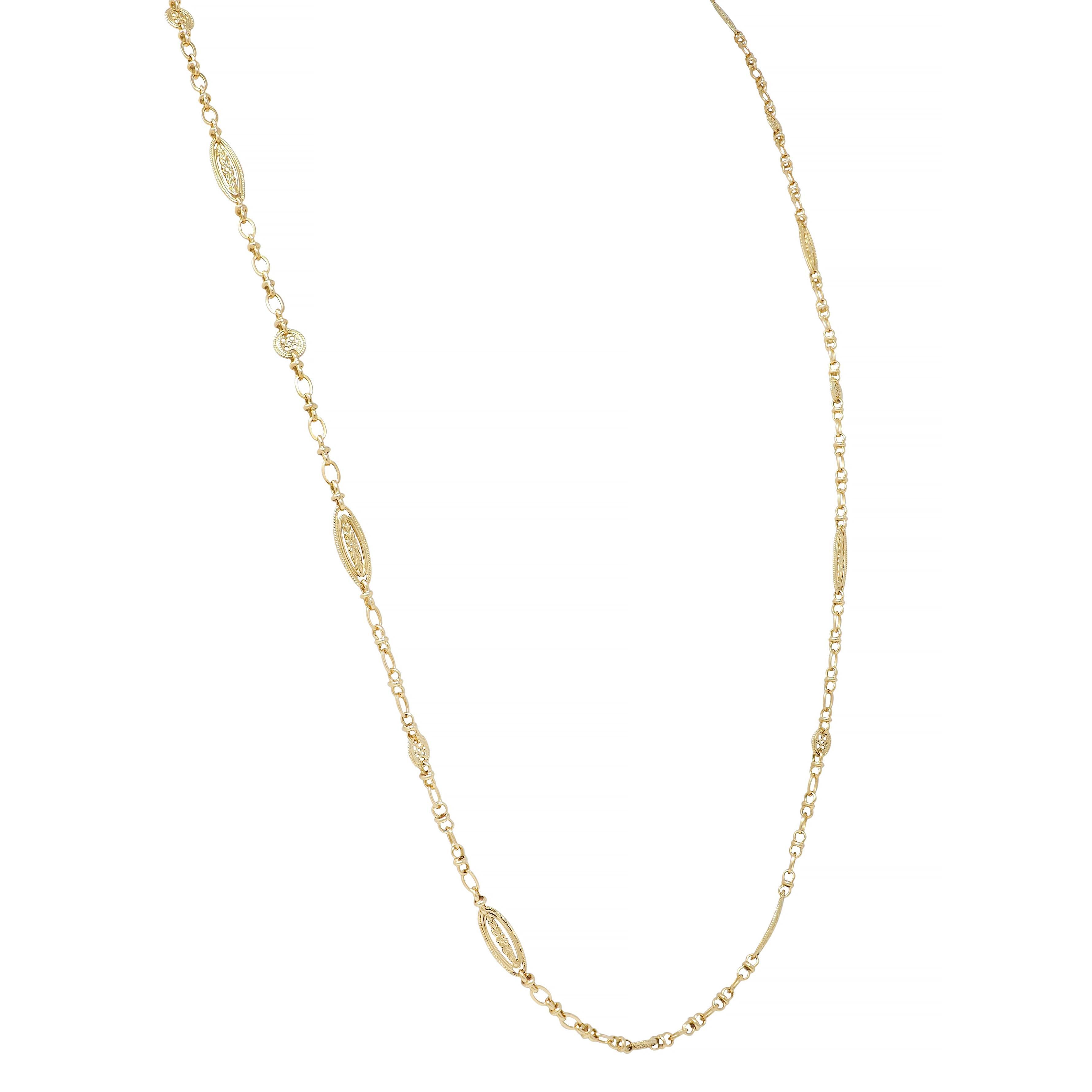 Women's or Men's French Victorian 18 Karat Yellow Gold Antique Orange Blossom Link Chain Necklace For Sale