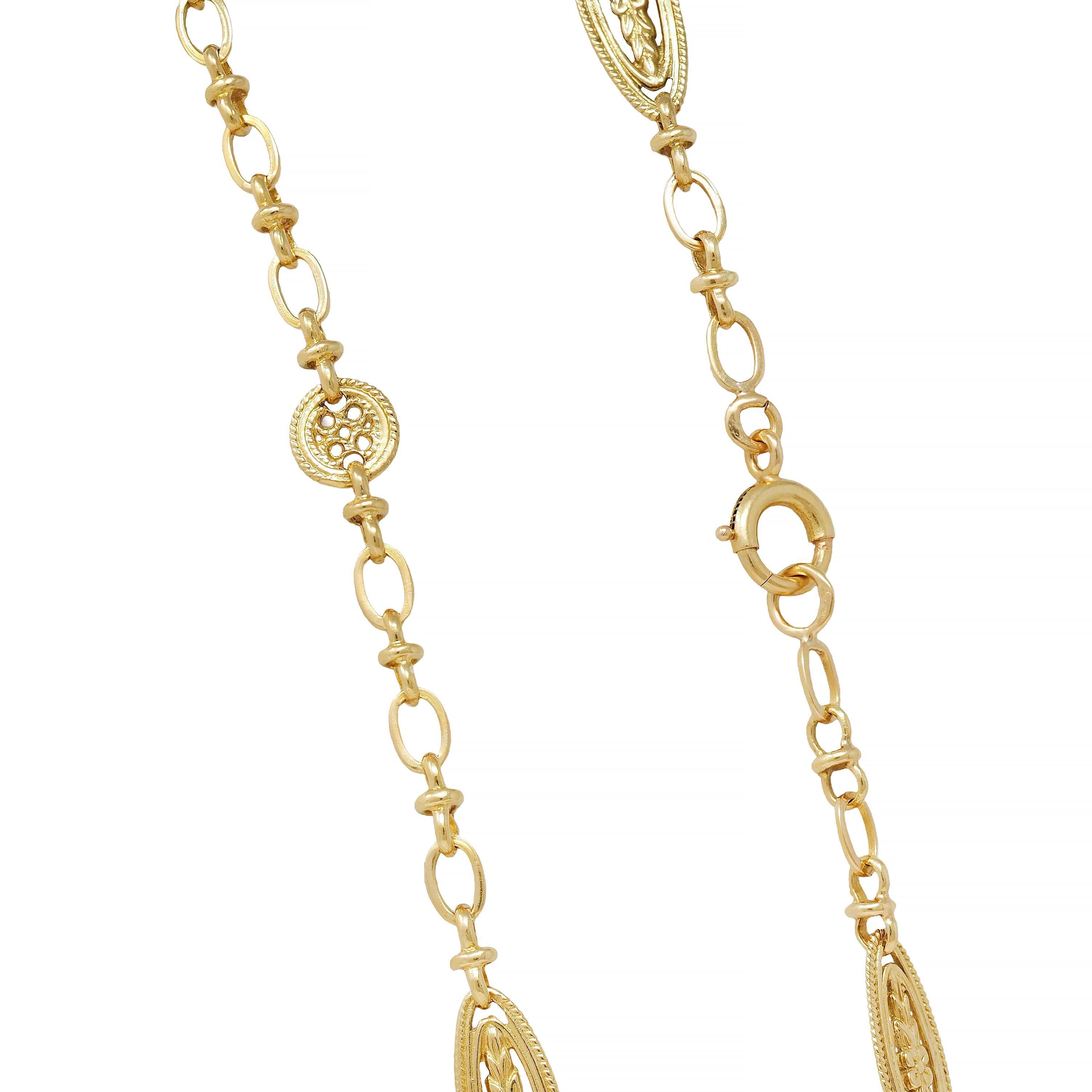 French Victorian 18 Karat Yellow Gold Antique Orange Blossom Link Chain Necklace For Sale 3