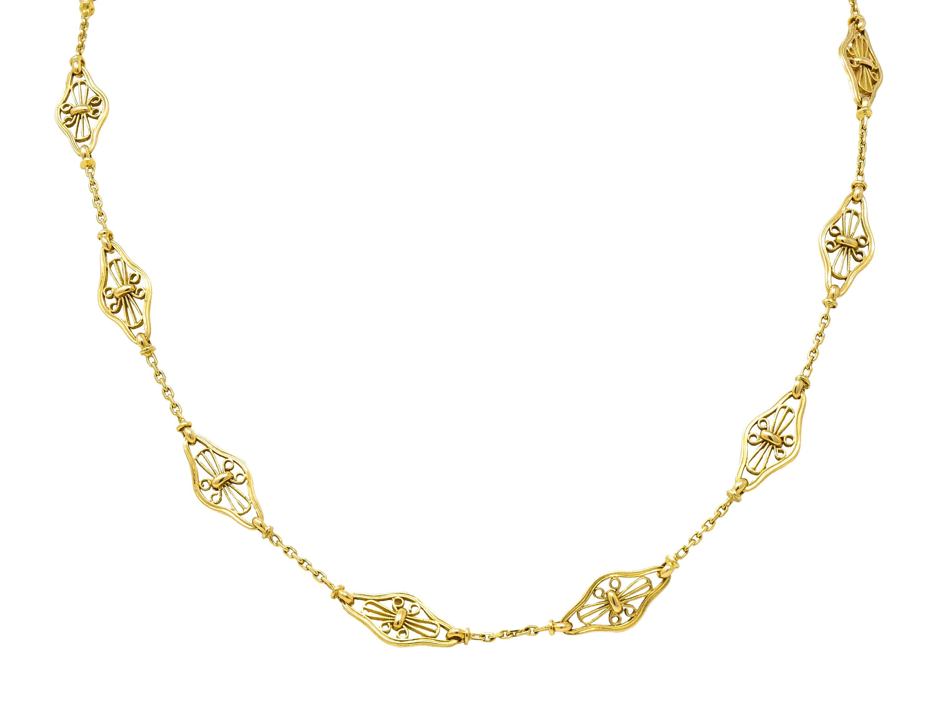 French Victorian 18 Karat Yellow Gold Filigree Navette 30 1/2 Inch Necklace In Excellent Condition For Sale In Philadelphia, PA