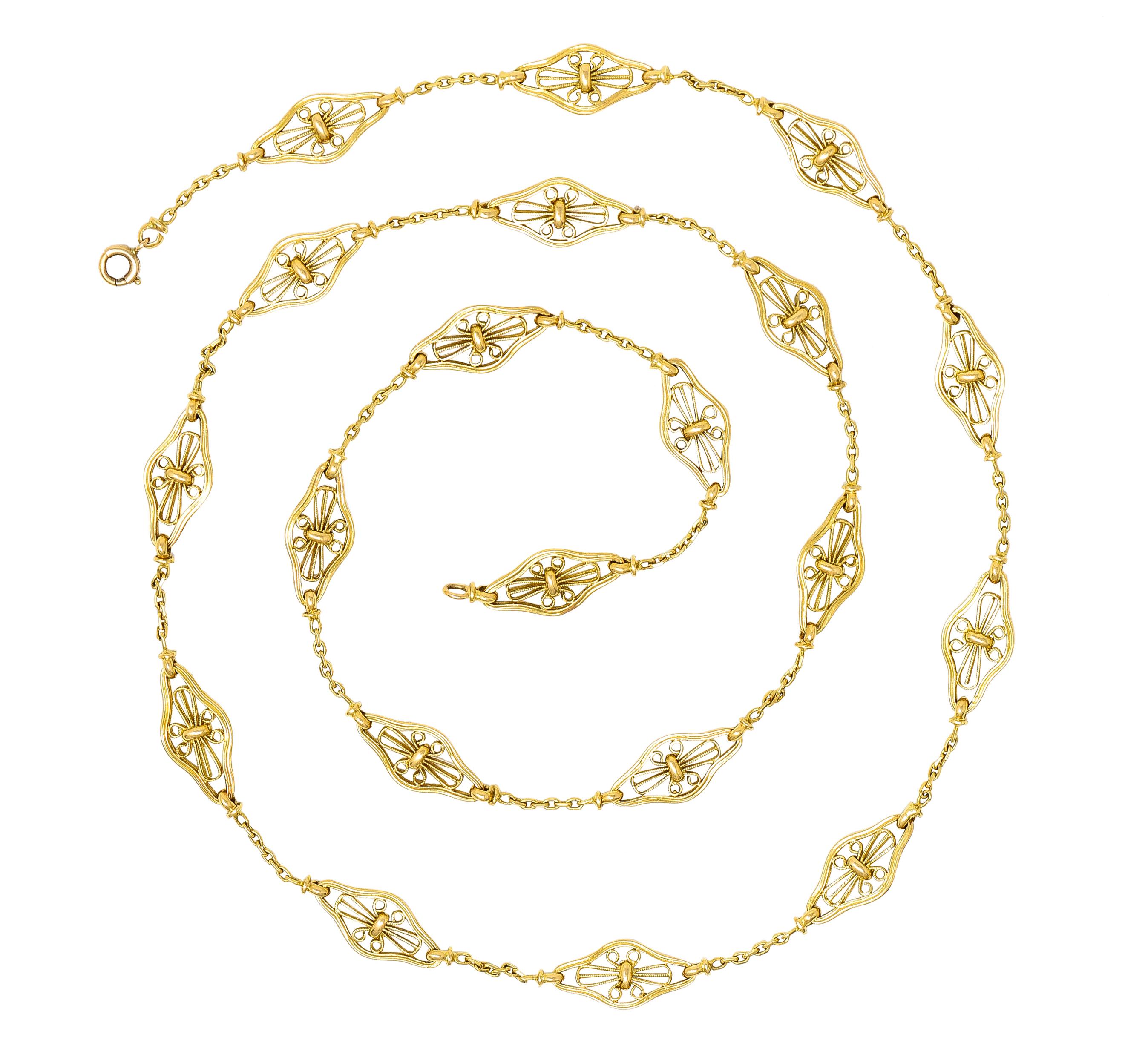 French Victorian 18 Karat Yellow Gold Filigree Navette 30 1/2 Inch Necklace For Sale 2