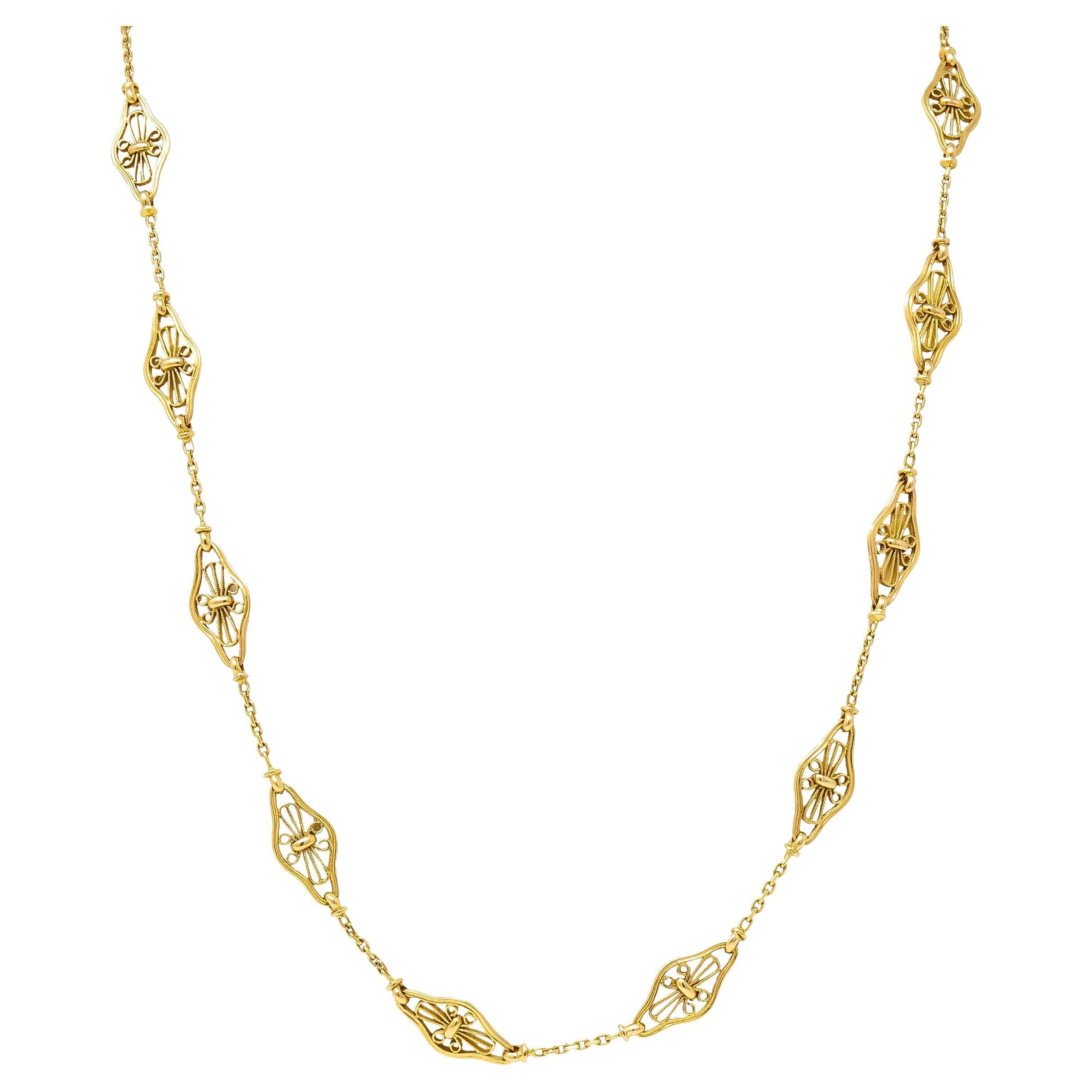 French Victorian 18 Karat Yellow Gold Filigree Navette 30 1/2 Inch Necklace For Sale