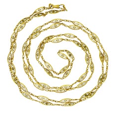 French Victorian 18 Karat Yellow Gold Filigree Navette Chain