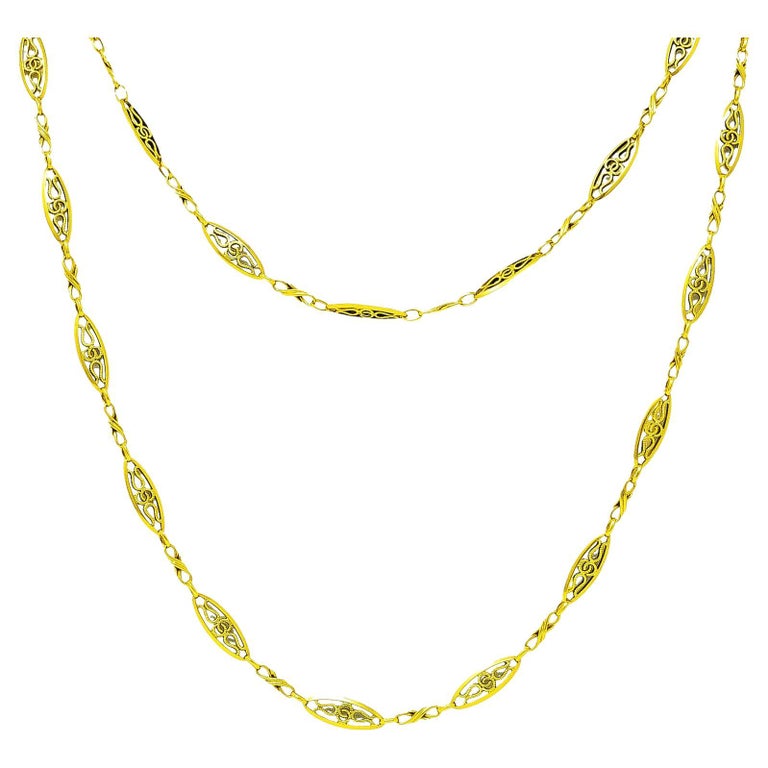 French Victorian 18 Karat Yellow Gold Filigree Navette Chain For Sale ...