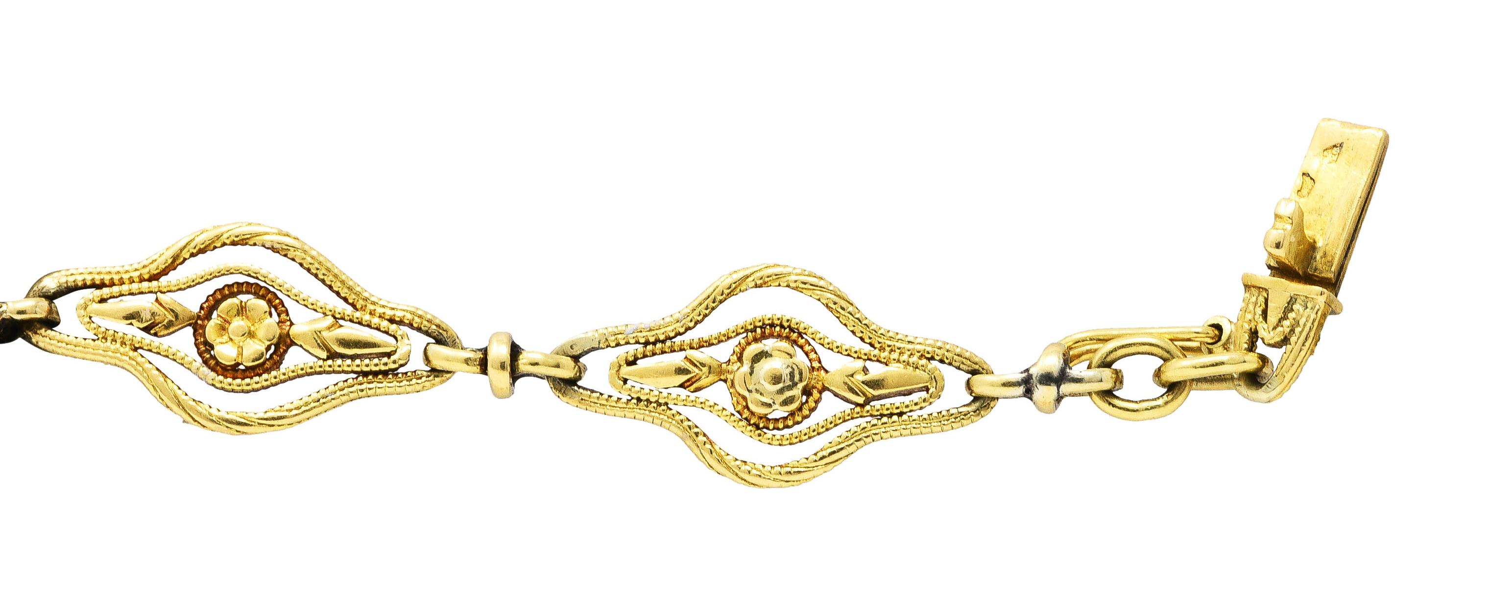 Women's or Men's French Victorian 18 Karat Yellow Gold Floral Link Bracelet