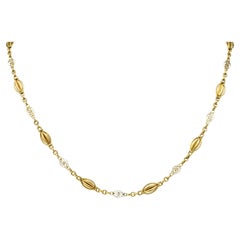 French Victorian 18 Karat Yellow Gold Heart Navette Link Antique Chain Necklace