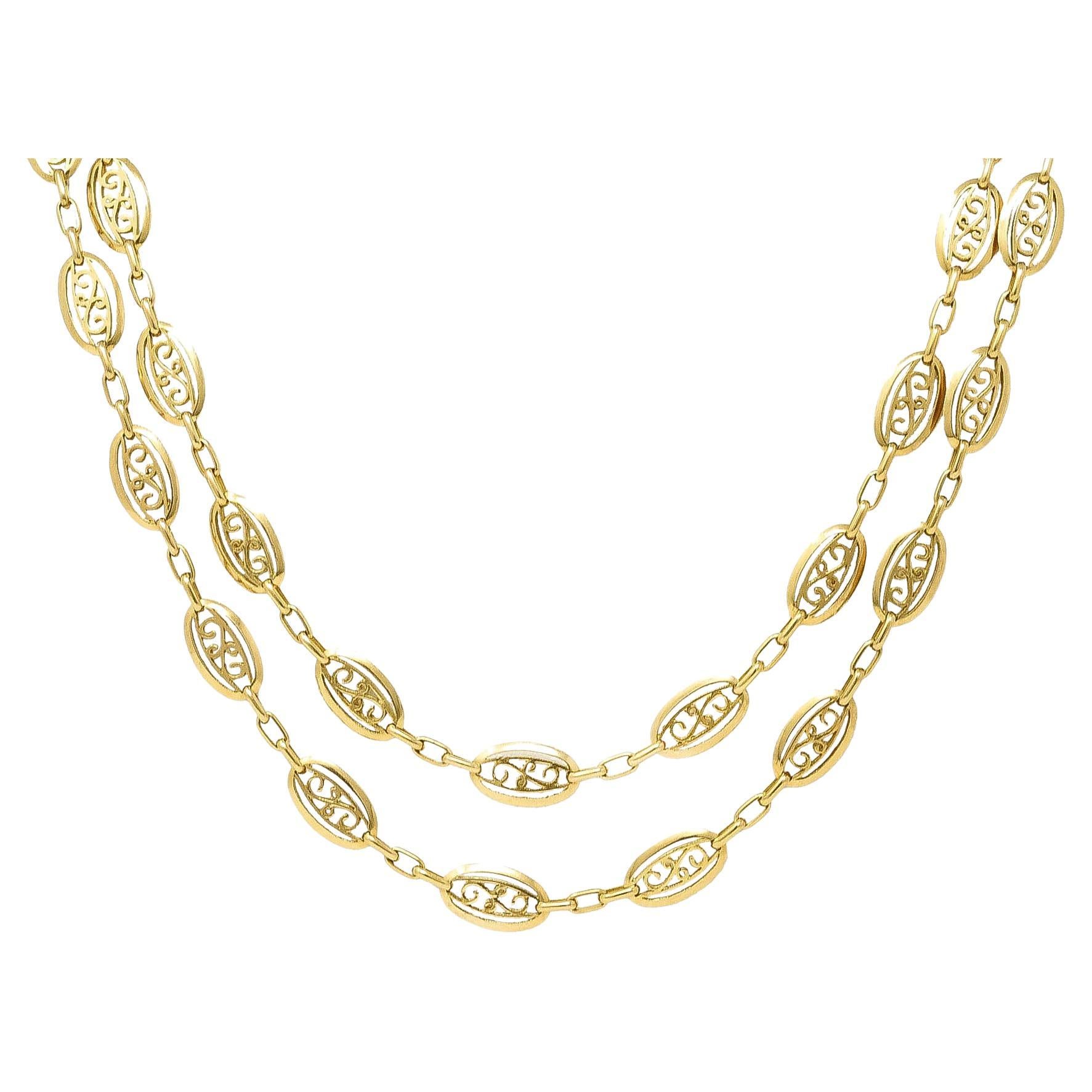 French Victorian 18 Karat Yellow Gold Scroll Long Antique Chain Necklace