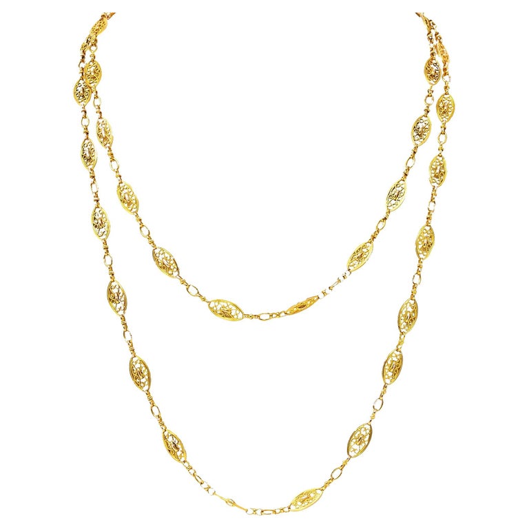 French Victorian 18 Karat Yellow Gold Scroll Navette Long Chain Antique ...