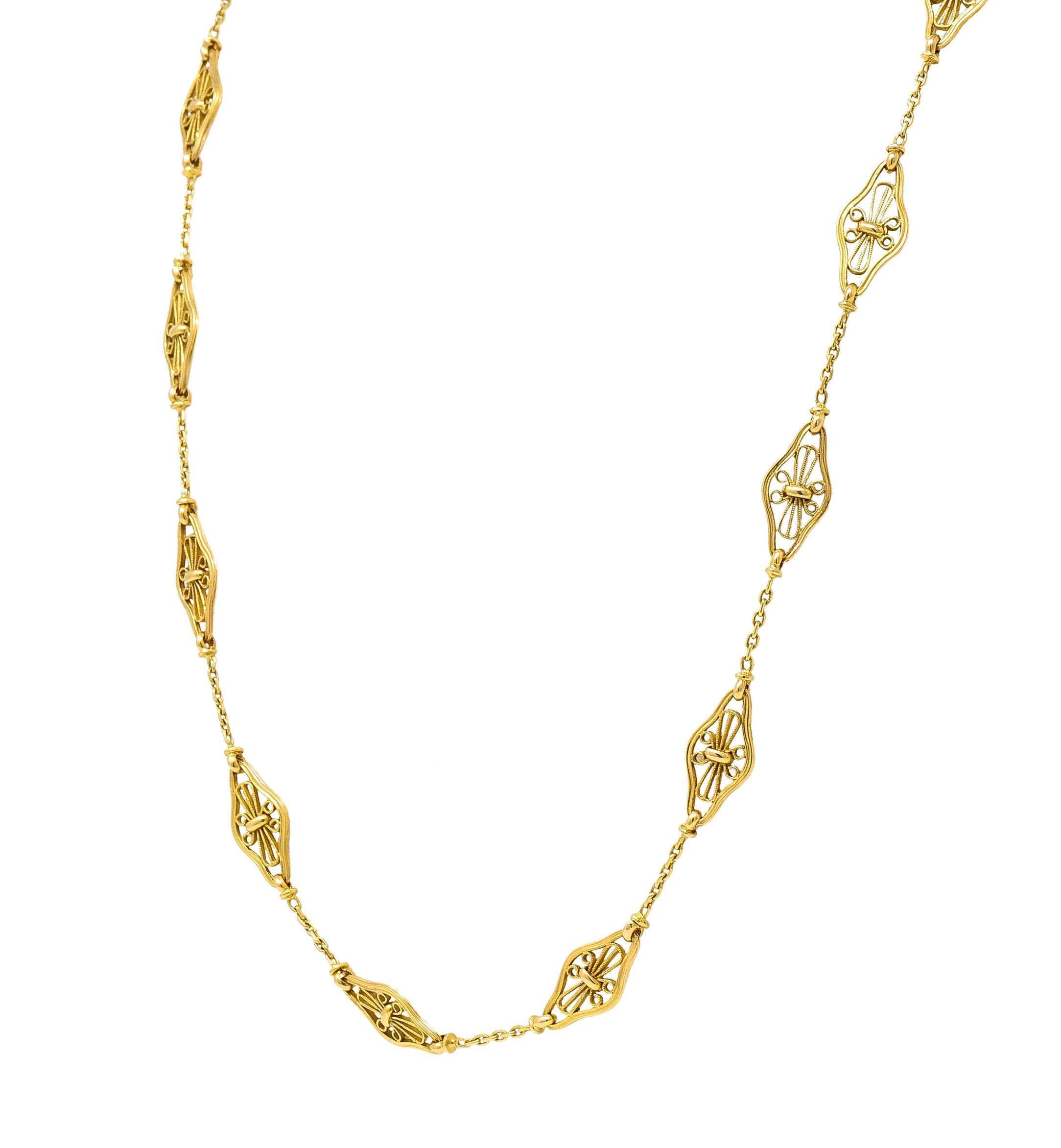da uomo o donna Collana vittoriana francese in filigrana d'oro 18 carati Navette lunga 30 1/2 IN con catena antica in vendita