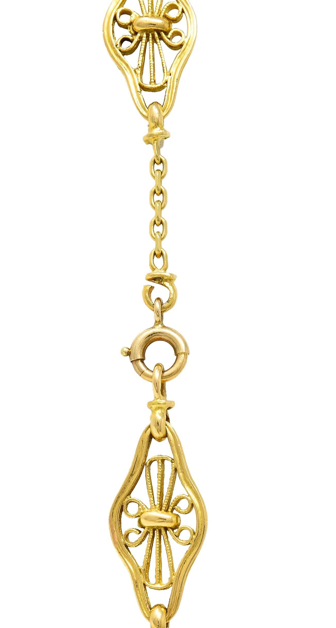 Collana vittoriana francese in filigrana d'oro 18 carati Navette lunga 30 1/2 IN con catena antica in vendita 1