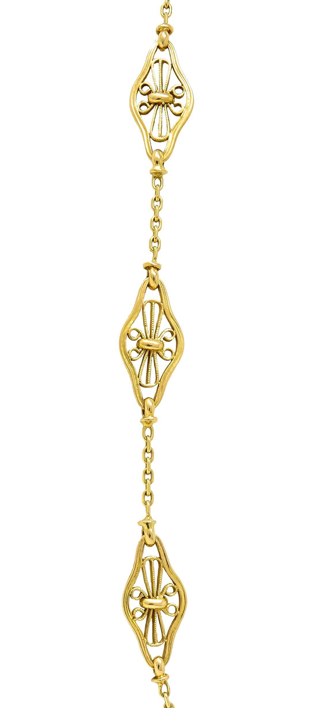 Collana vittoriana francese in filigrana d'oro 18 carati Navette lunga 30 1/2 IN con catena antica in vendita 2