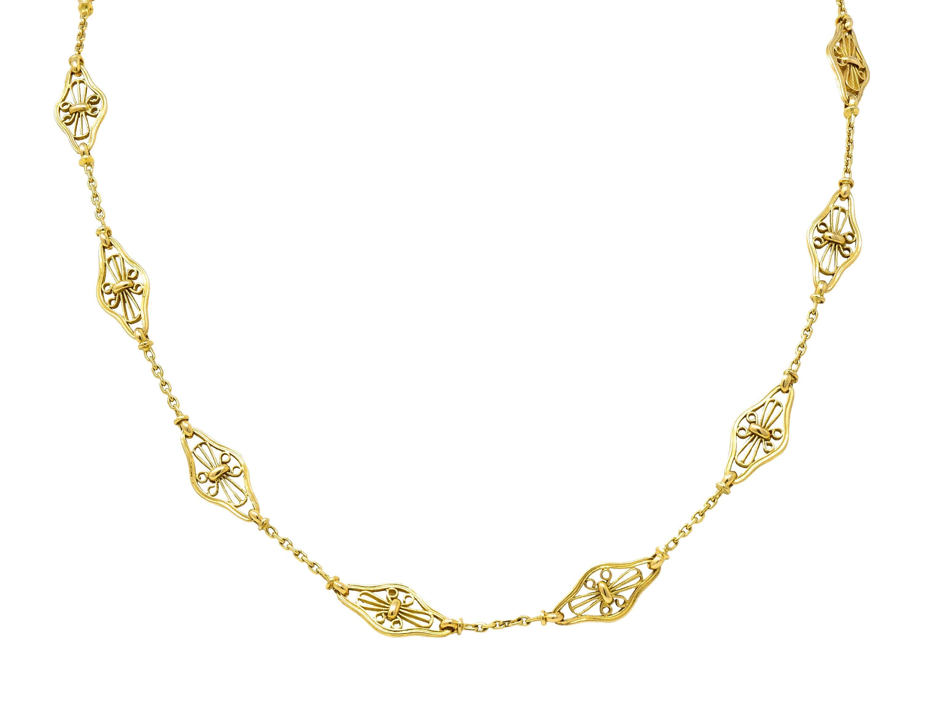 Collana vittoriana francese in filigrana d'oro 18 carati Navette lunga 30 1/2 IN con catena antica in vendita 3