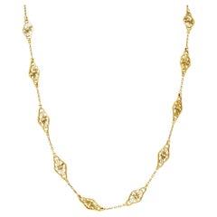 French Victorian 18K Gold Filigree Navette 30 1/2 IN Long Antique Chain Necklace