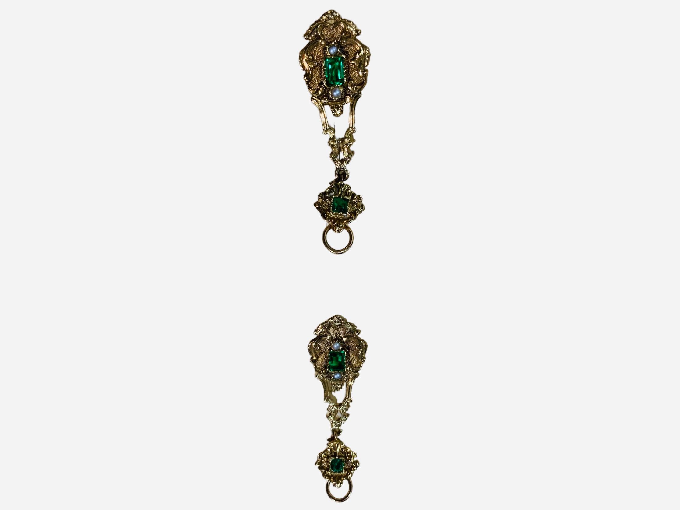 French Victorian 18K Gold Green Glass Pair Of Drop Earrings  For Sale 3