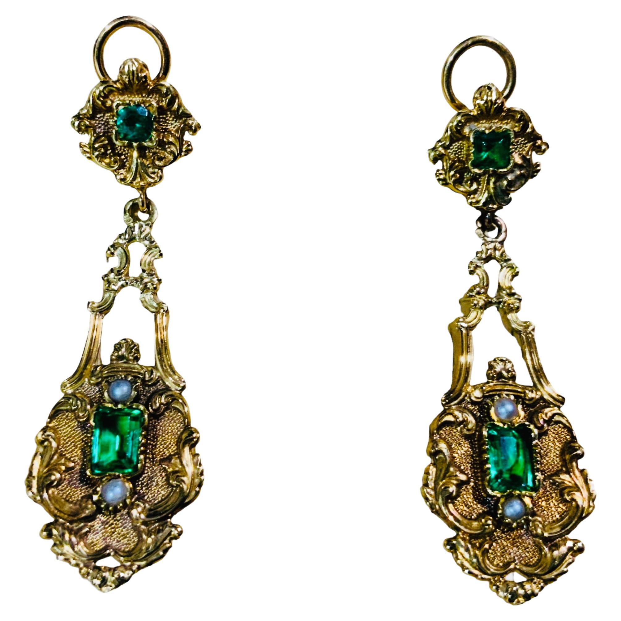French Victorian 18K Gold Green Glass Pair Of Drop Earrings 