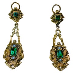 Antique French Victorian 18K Gold Green Glass Pair Of Drop Earrings 