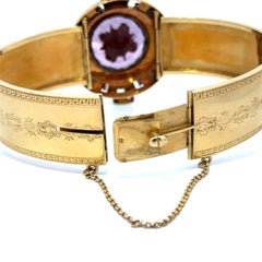 French Victorian 18k Gold Purple Stone & Seed Pearl Shield Open Bangle Bracelet