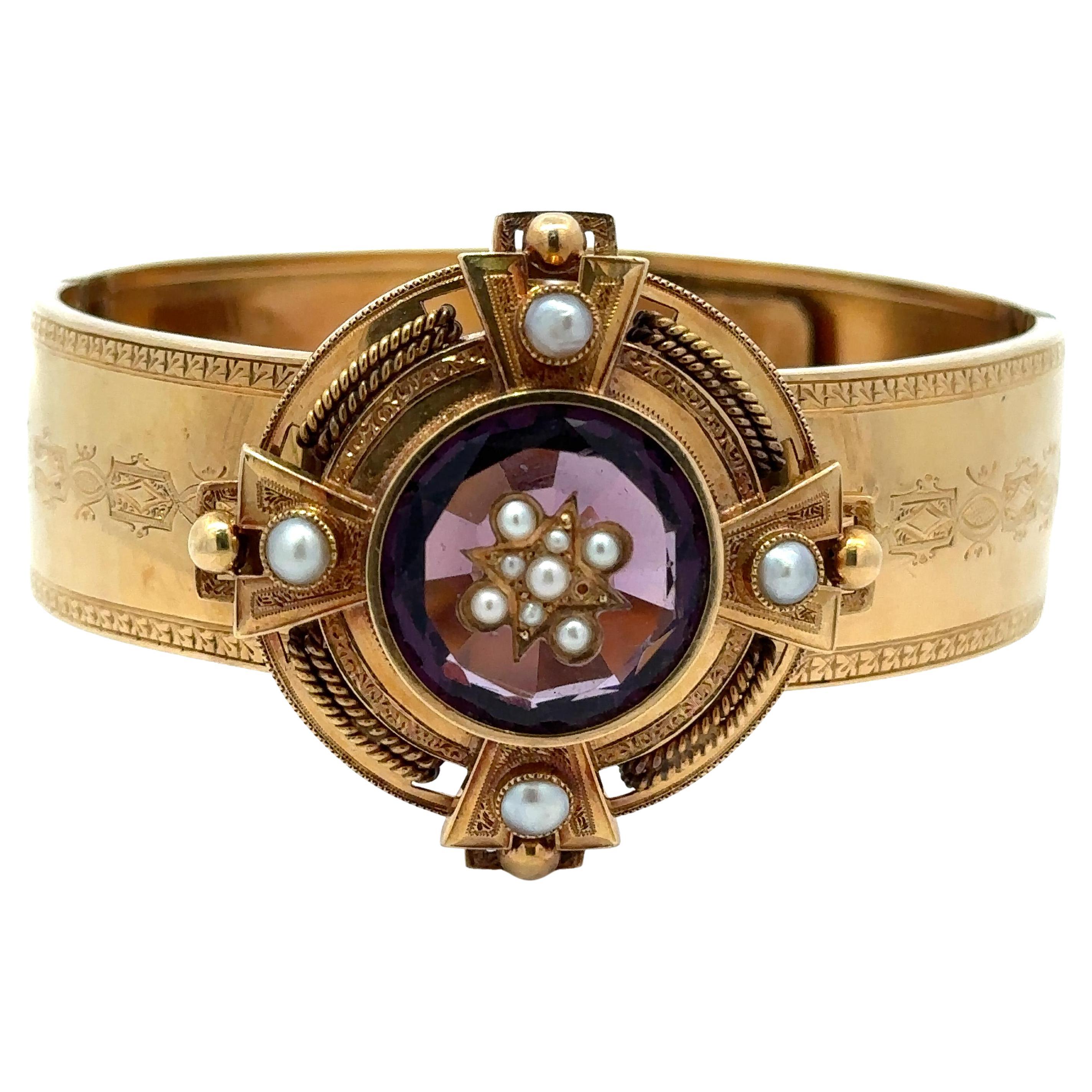 French Victorian 18k Gold Purple Stone 
Seed Pearl Shield Open Bangle Bracelet For Sale