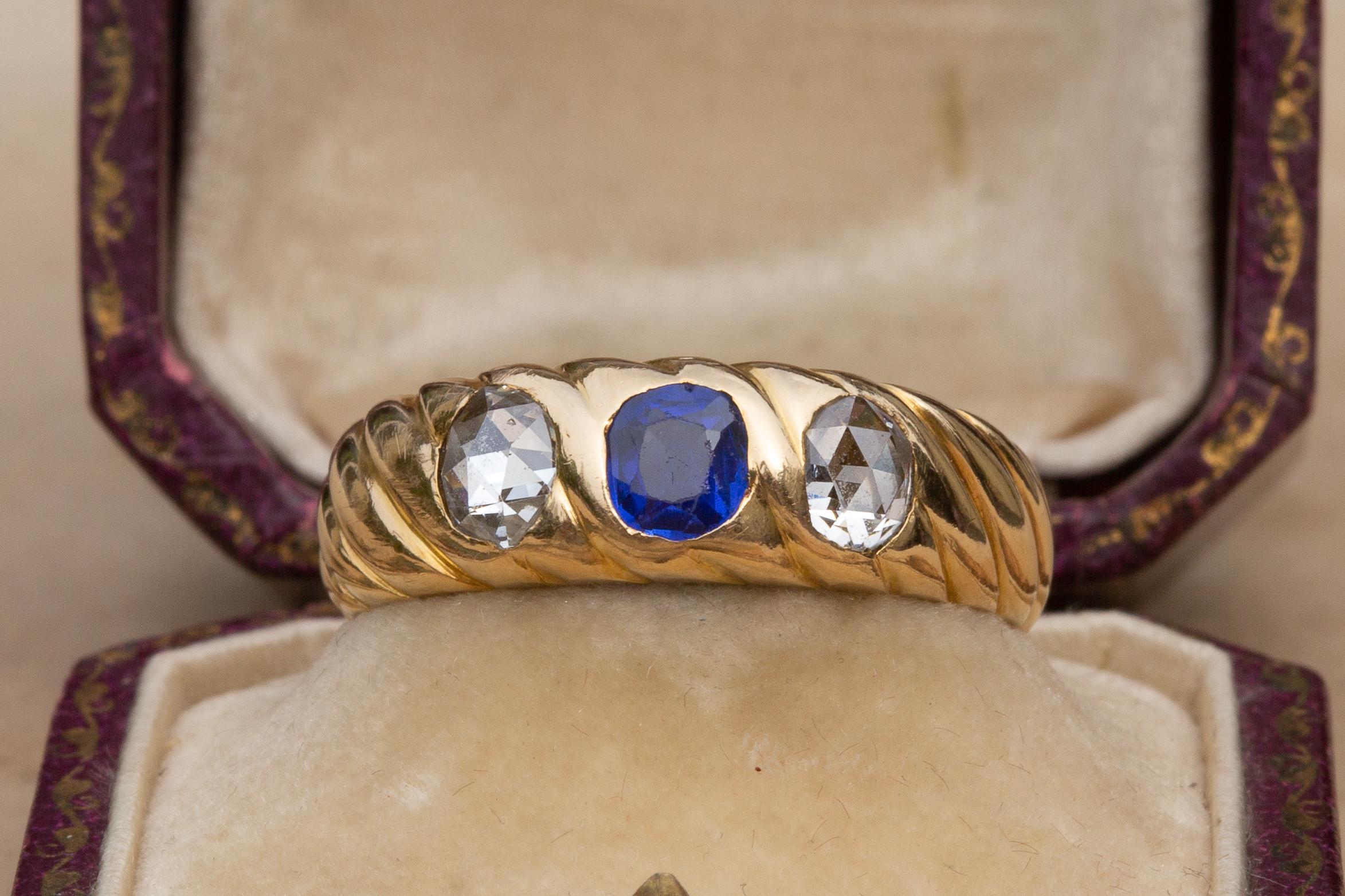 Women's or Men's French Victorian 18K Gold Sapphire and Diamond Trilogy Ring