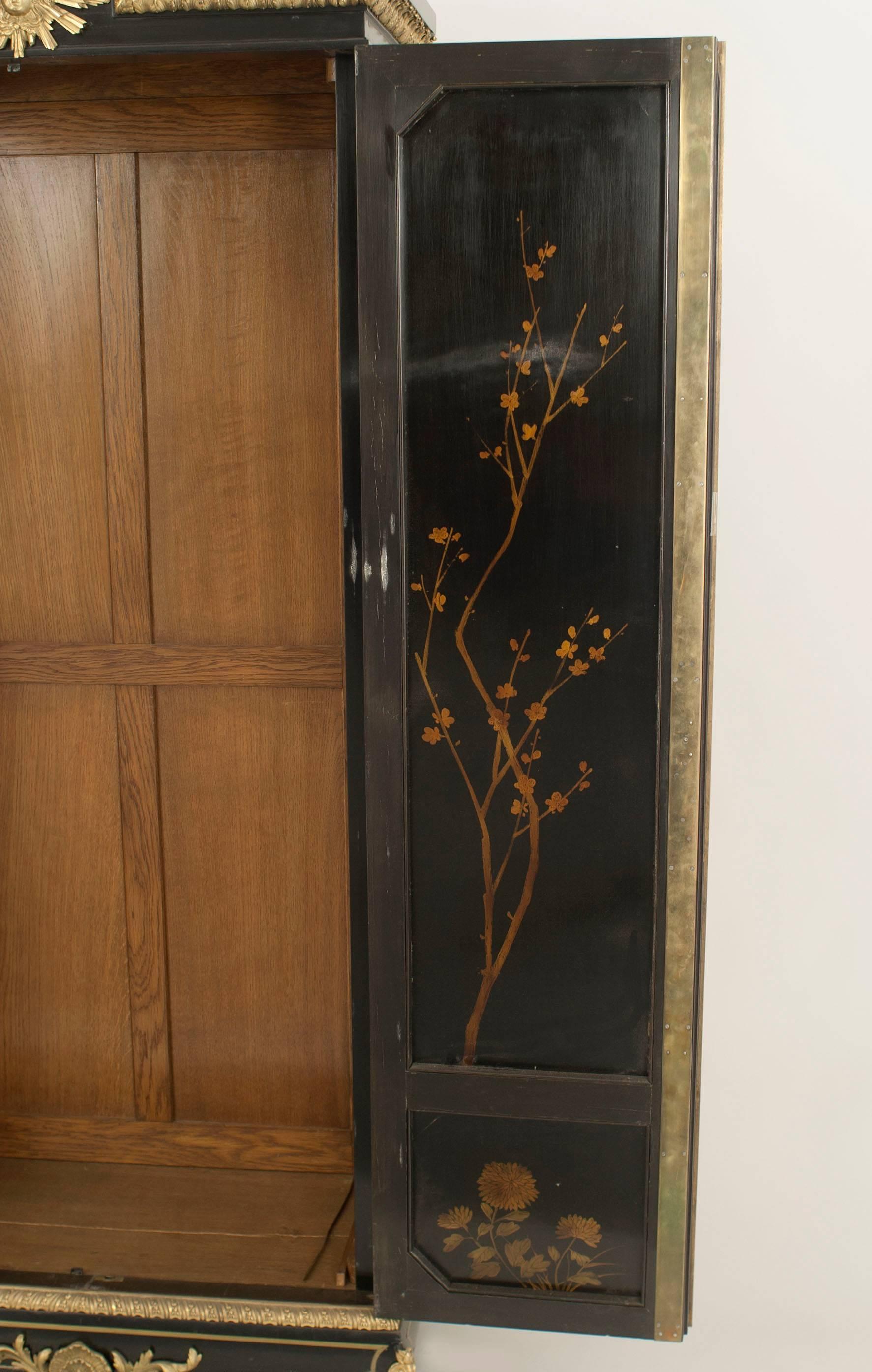 French Victorian Black Lacquered Chinoiserie Armoire 4