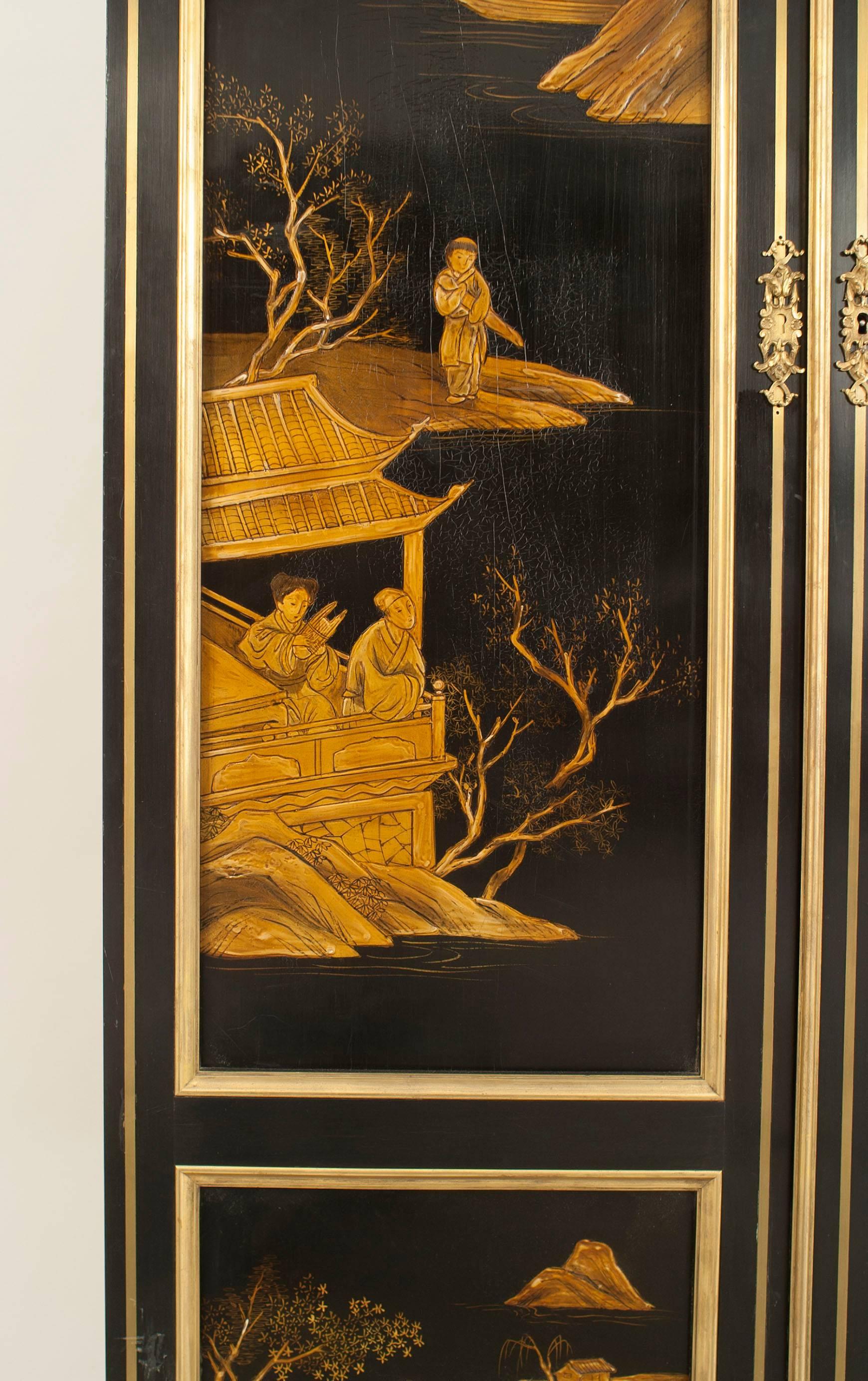 French Victorian Black Lacquered Chinoiserie Armoire 5