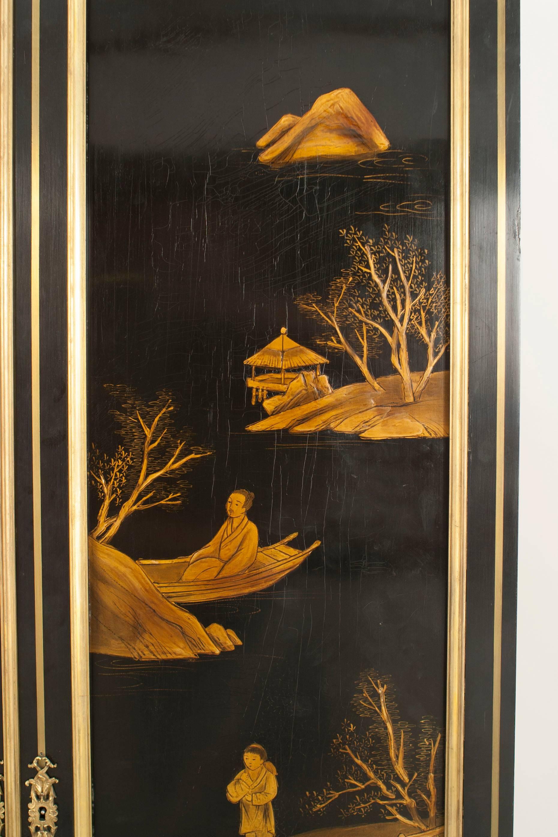 French Victorian Black Lacquered Chinoiserie Armoire 8