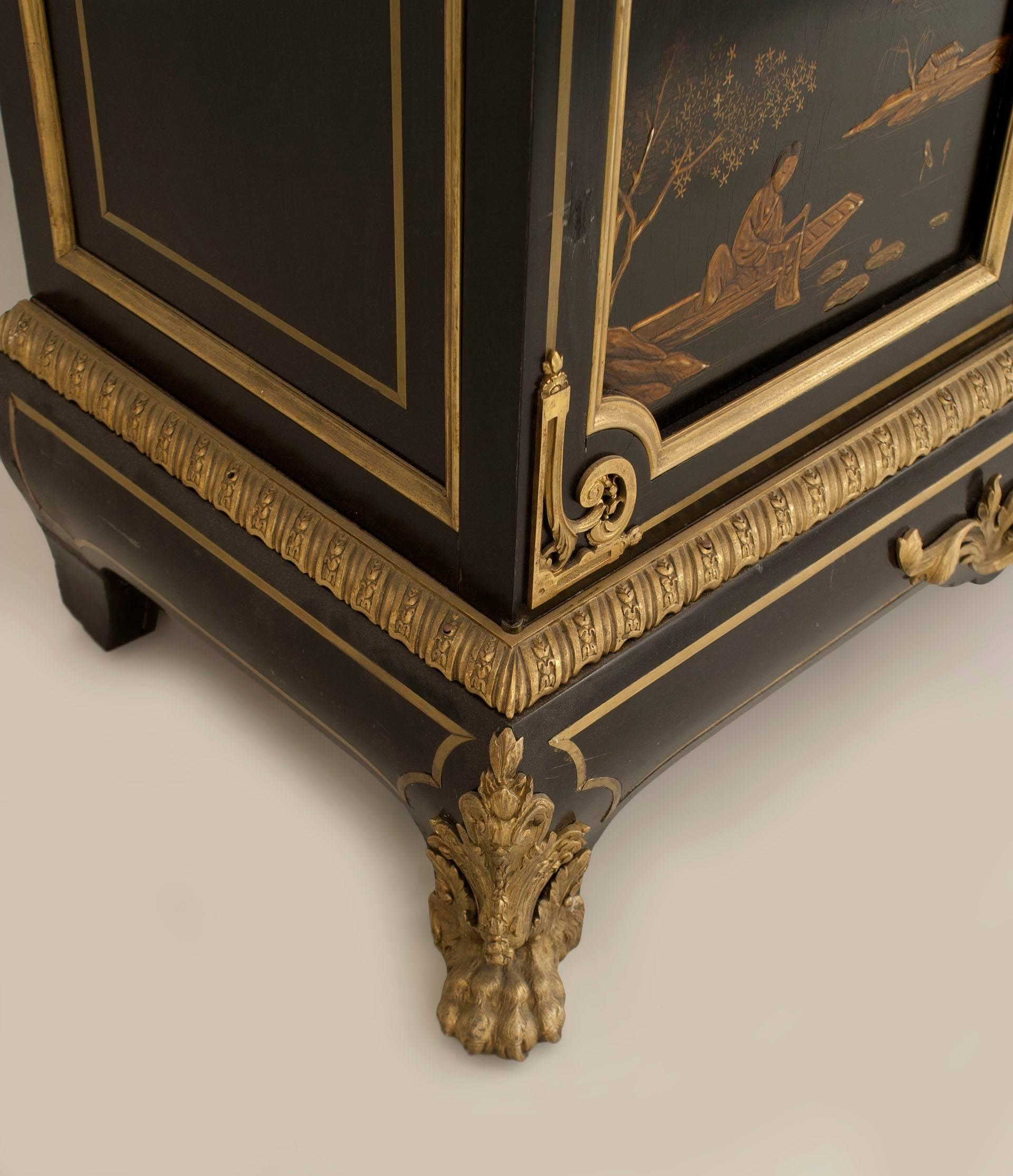French Victorian Black Lacquered Chinoiserie Armoire 9